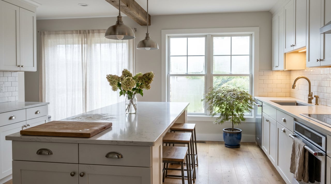 White shaker kitchen with a flour-dusted island, hydrangeas, and a Japanese maple beside the window.