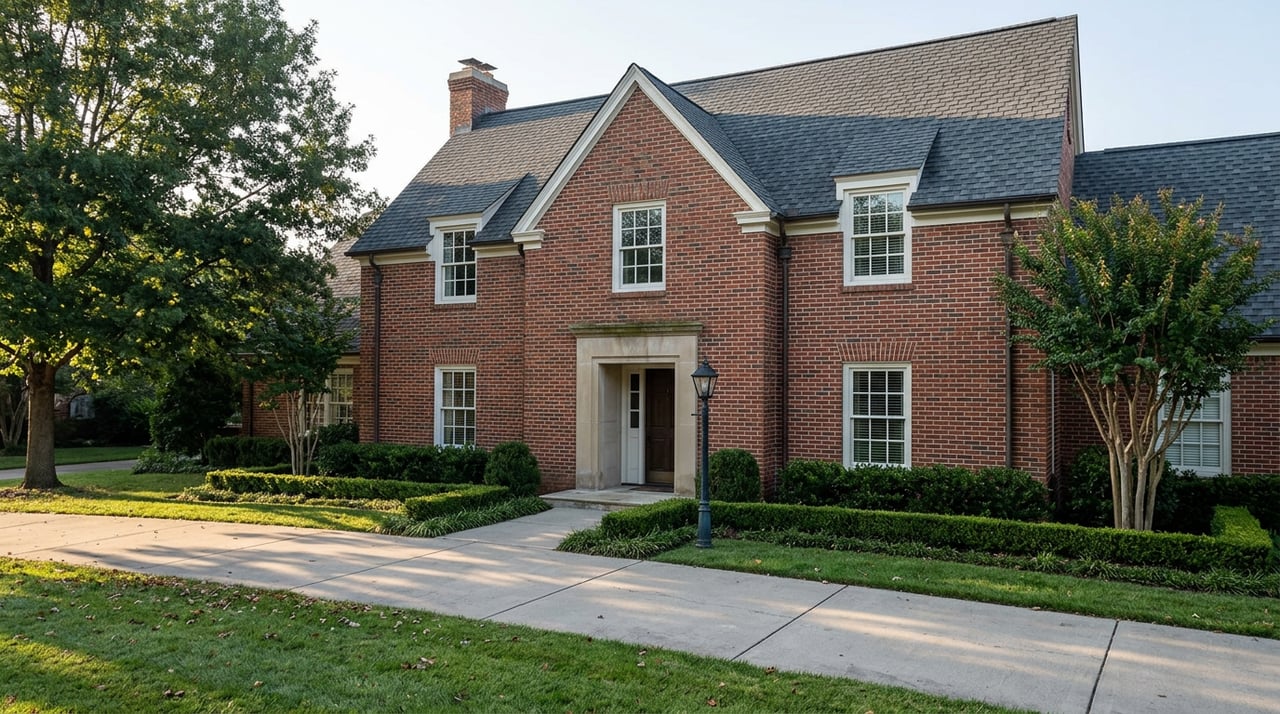 Two-story brick home with a limestone entry, gabled roof, oak-shaded lawn, and concrete walkway.