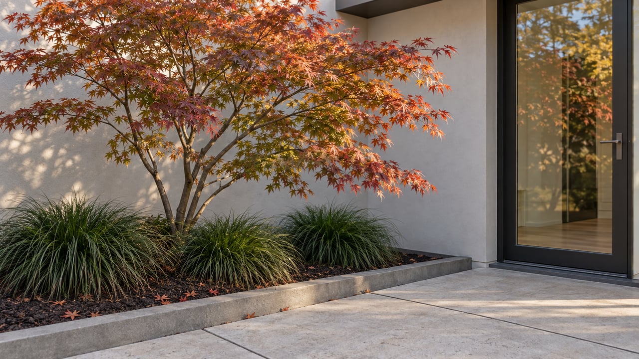 Japanese maple with copper-red and green leaves beside a modern stucco home, above limestone paving and a planted bed.