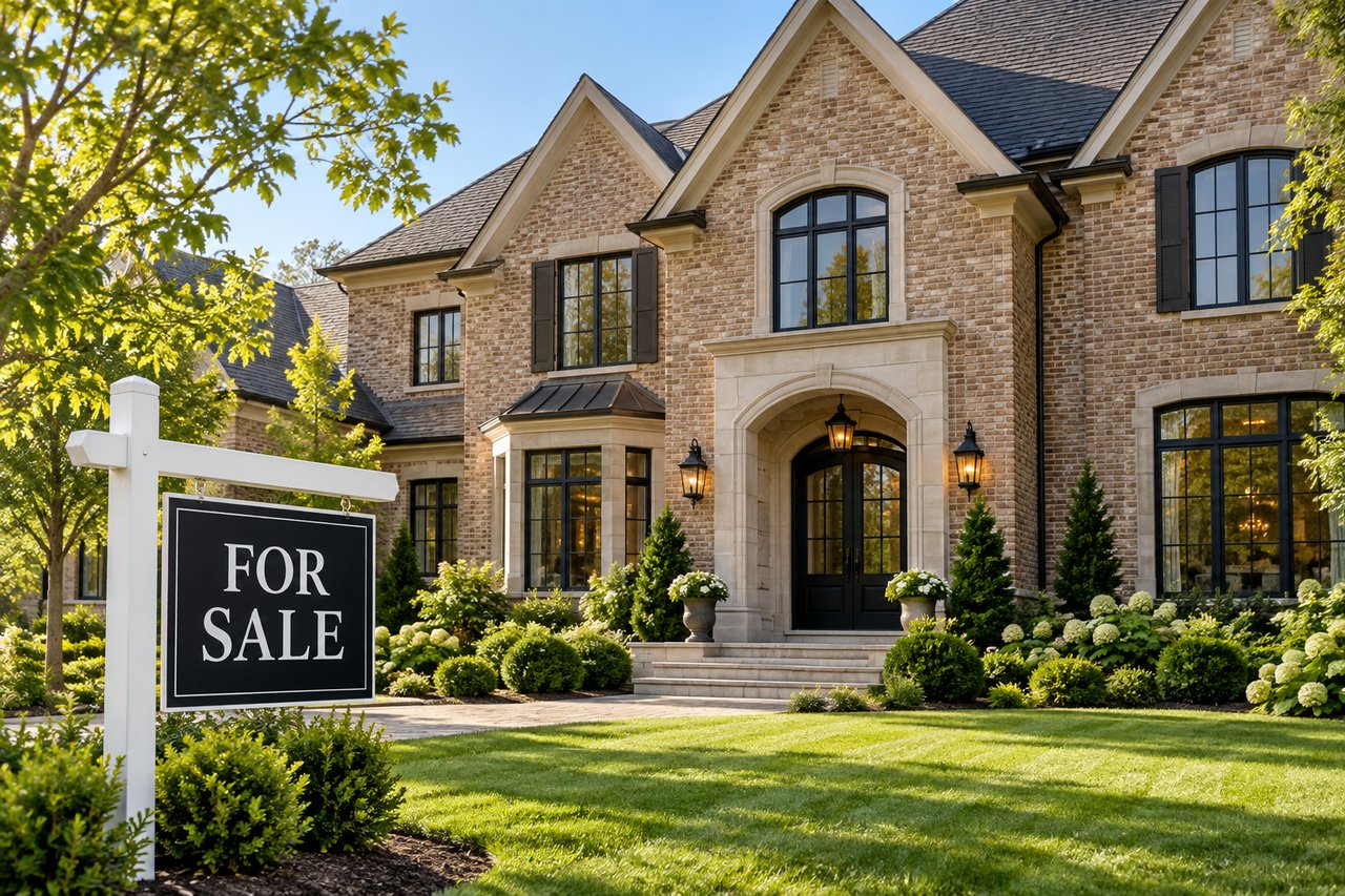 Two-story brick home with an arched stone entry and a FOR SALE sign in the landscaped front yard.