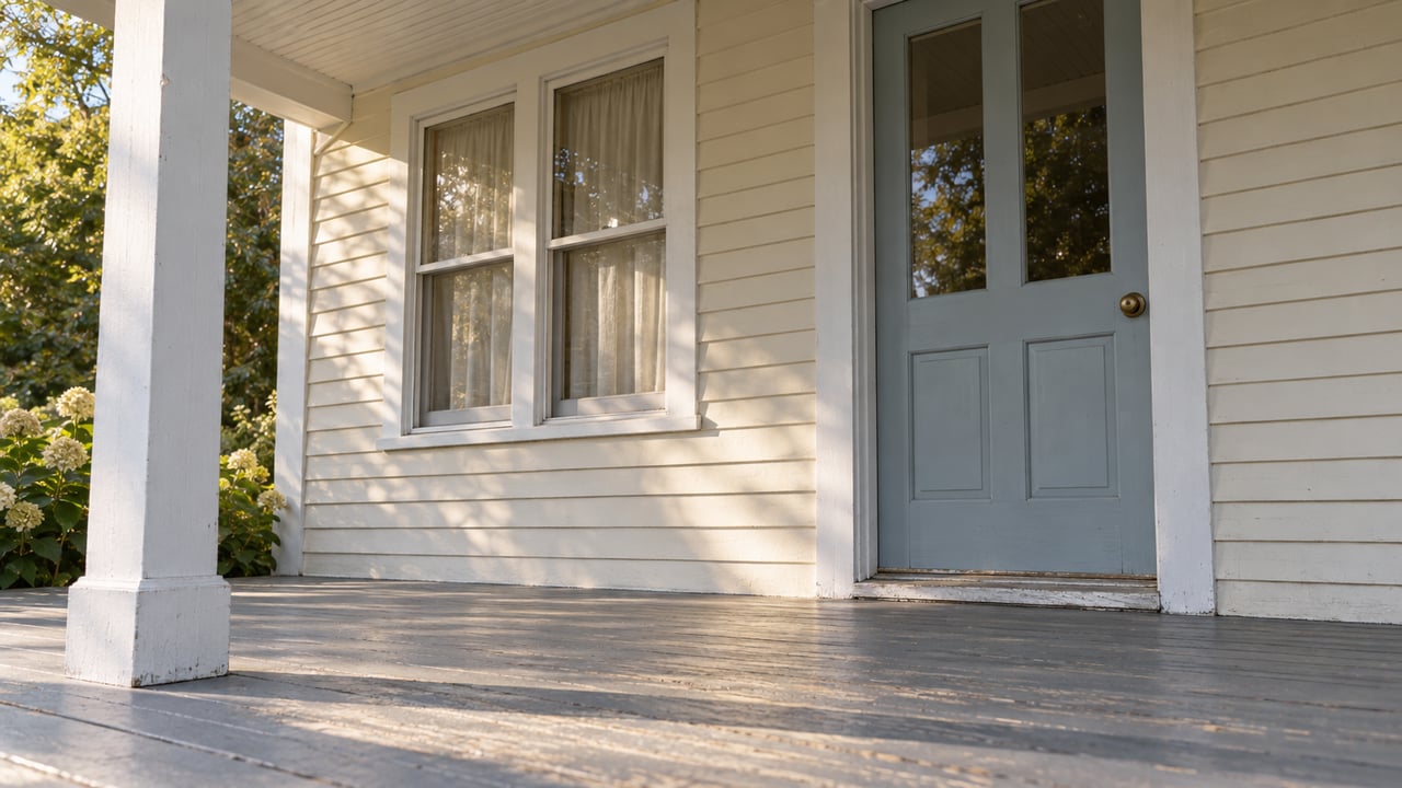 Close view across a gray painted cottage porch toward a pale blue door and paired windows in cream clapboard siding.