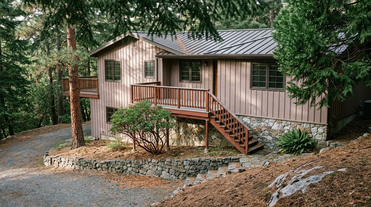 Multi-level cedar cabin with redwood deck and stairs above a stone retaining wall on a pine-needle-covered slope.