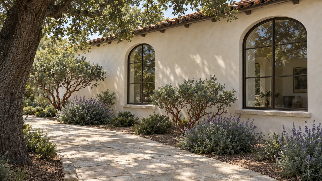 Ivory-stucco estate wall with arched bronze-framed windows, limestone path, and oak-shaded planting beds.