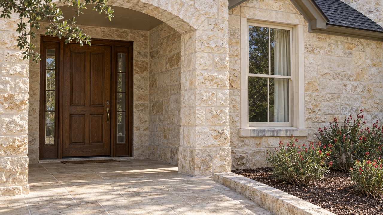 Sunlit limestone porch with a recessed oak front door, cream-trimmed window, and red-flowering autumn sage beside a raised stone terrace.