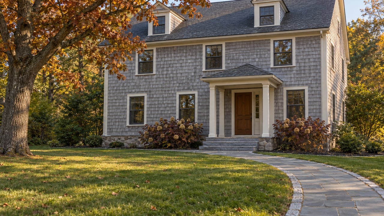 Weathered cedar-shingle house with granite entrance steps, a deep front lawn and an oak tree in warm afternoon light.