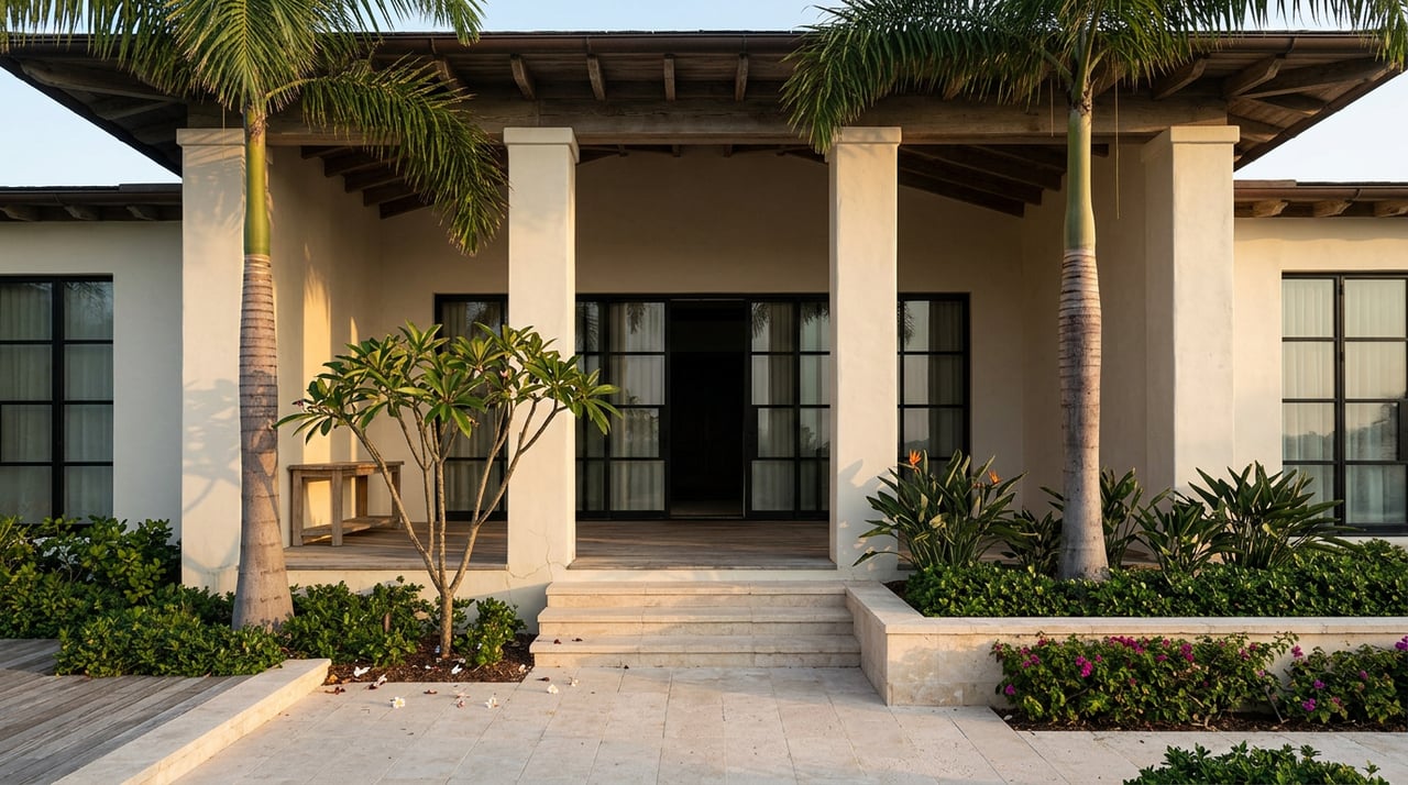 Waterfront villa veranda with lime-washed columns, open glass doors, stone steps, and a royal palm.