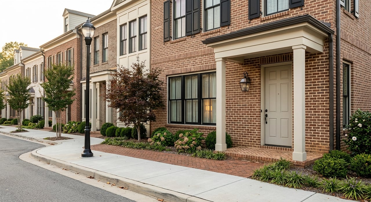 Brick townhomes with white trim, black-framed windows, stoops, and paver paths along a tree-lined sidewalk.