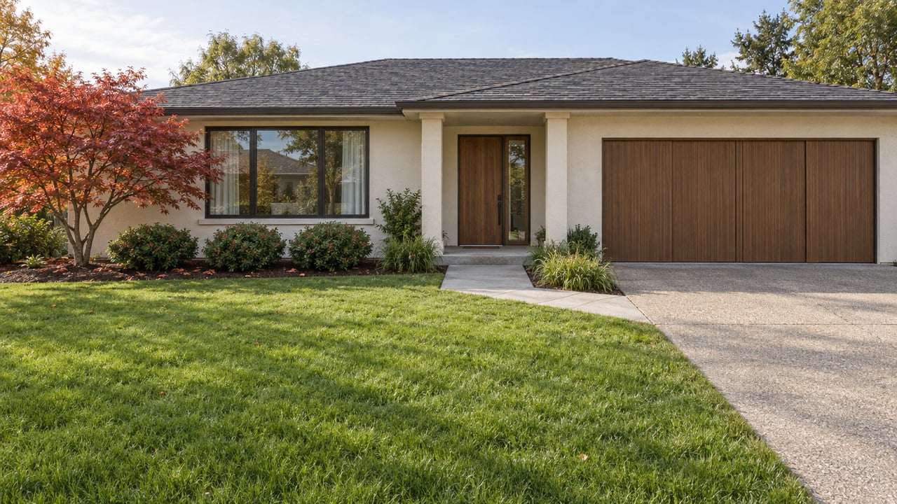 A low stucco home with a wood-tone garage, deep front lawn and copper-red Japanese maple in soft autumn daylight.