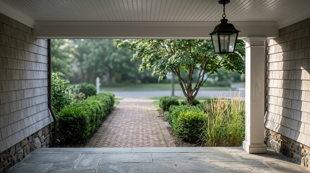 Brick walkway between clipped boxwood hedges, framed by a shingle-style home’s porch and a soft-focus dogwood.