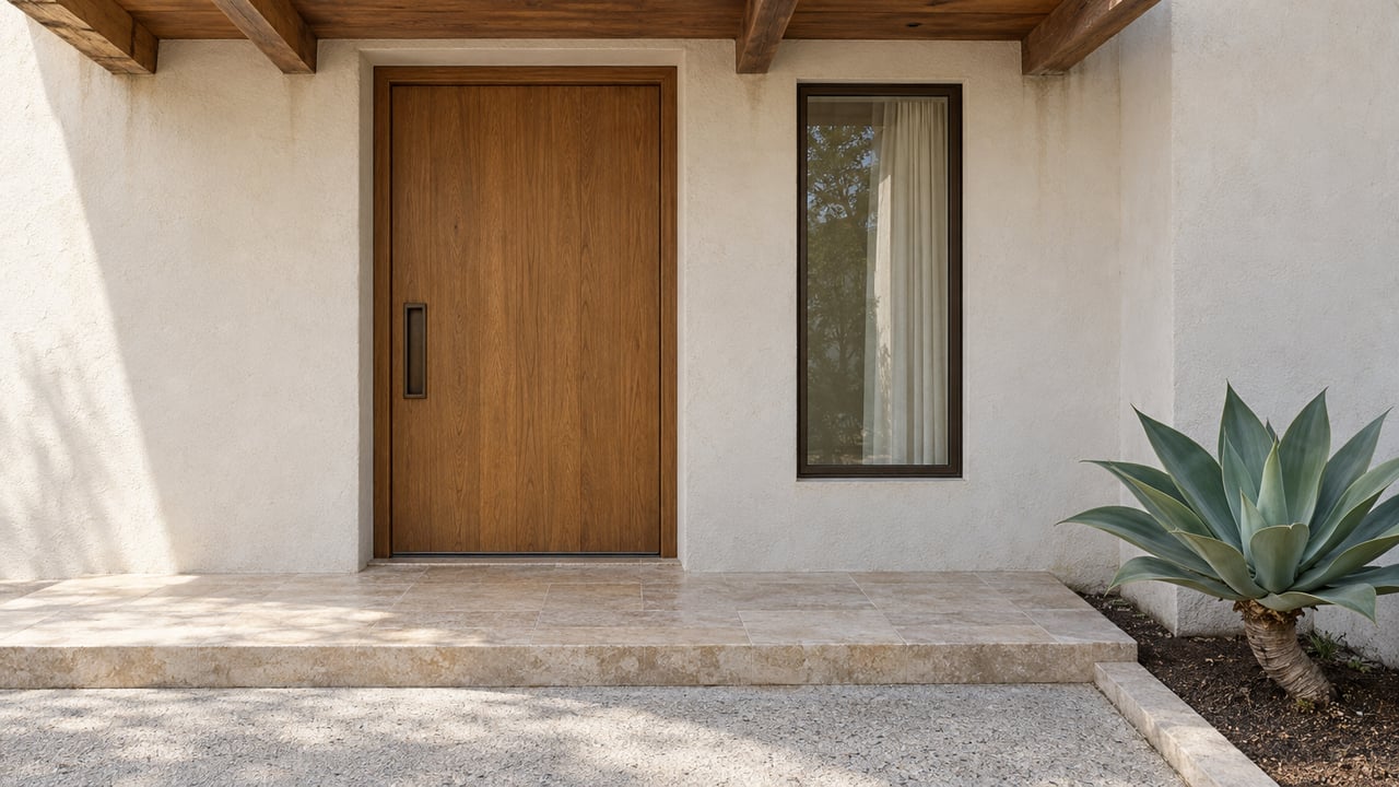 Sunlit white stucco entry with a closed oak door, bronze-framed window, limestone step and one sculptural agave.