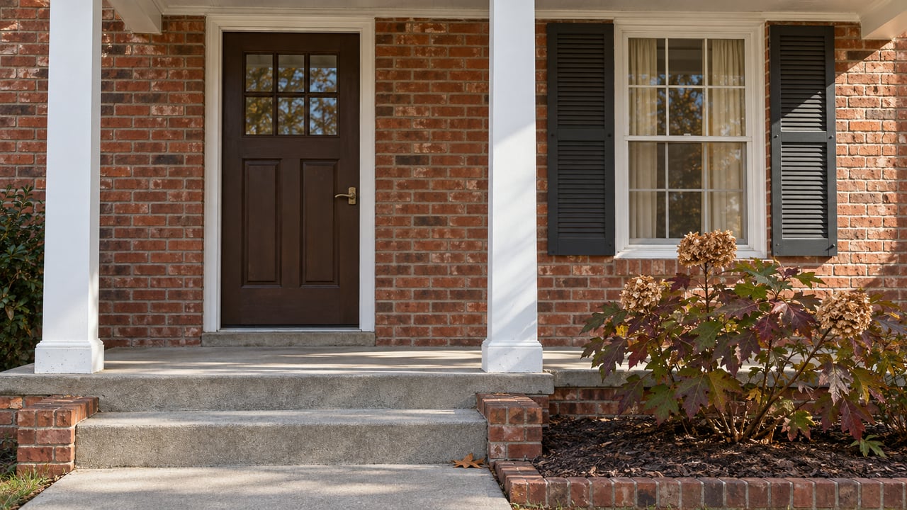 Red brick home entry with a brown door, white porch posts, shuttered window and autumn oakleaf hydrangea.
