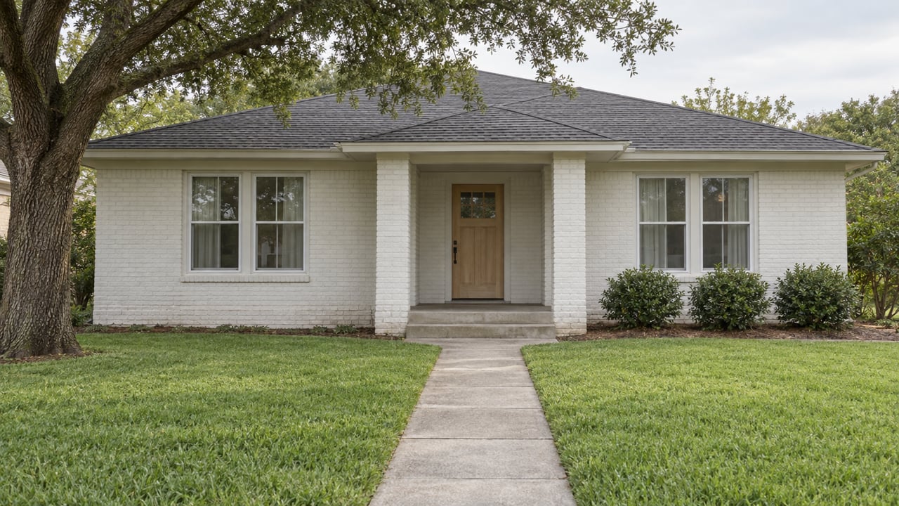 White-painted brick home with paired windows, a covered front entry, broad green lawn, and a mature spreading oak.