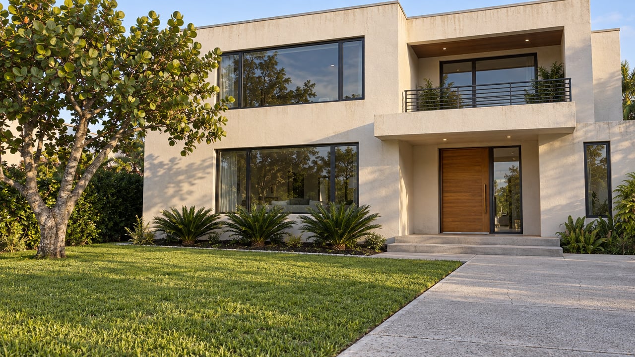 Two-story white stucco home with broad glazing, a recessed balcony, and a deep lawn beside a concrete entry approach.