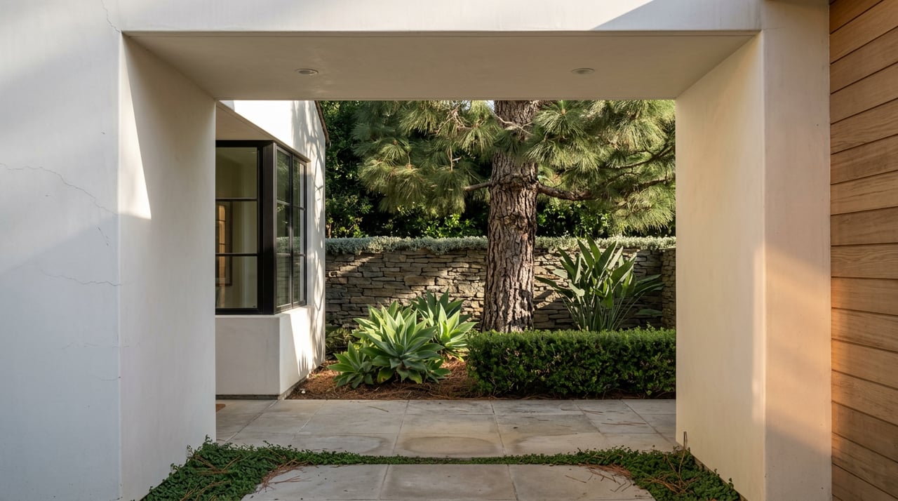 A recessed stucco entry opens onto a stone-paved garden with agaves, a low stone wall, and a mature pine.
