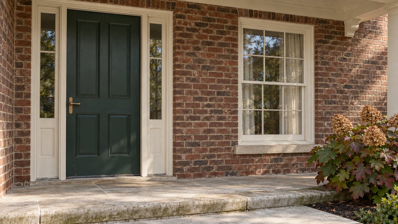 Brick home entrance with a dark green door, white sidelights, stone steps, and dried hydrangeas.