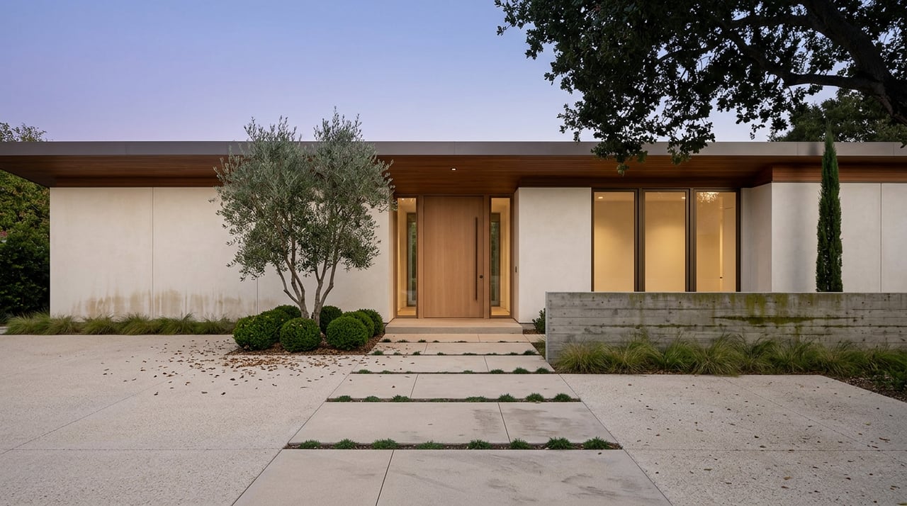 Contemporary stucco home with amber-lit bronze-framed windows, concrete pavers, and an olive tree at dusk.