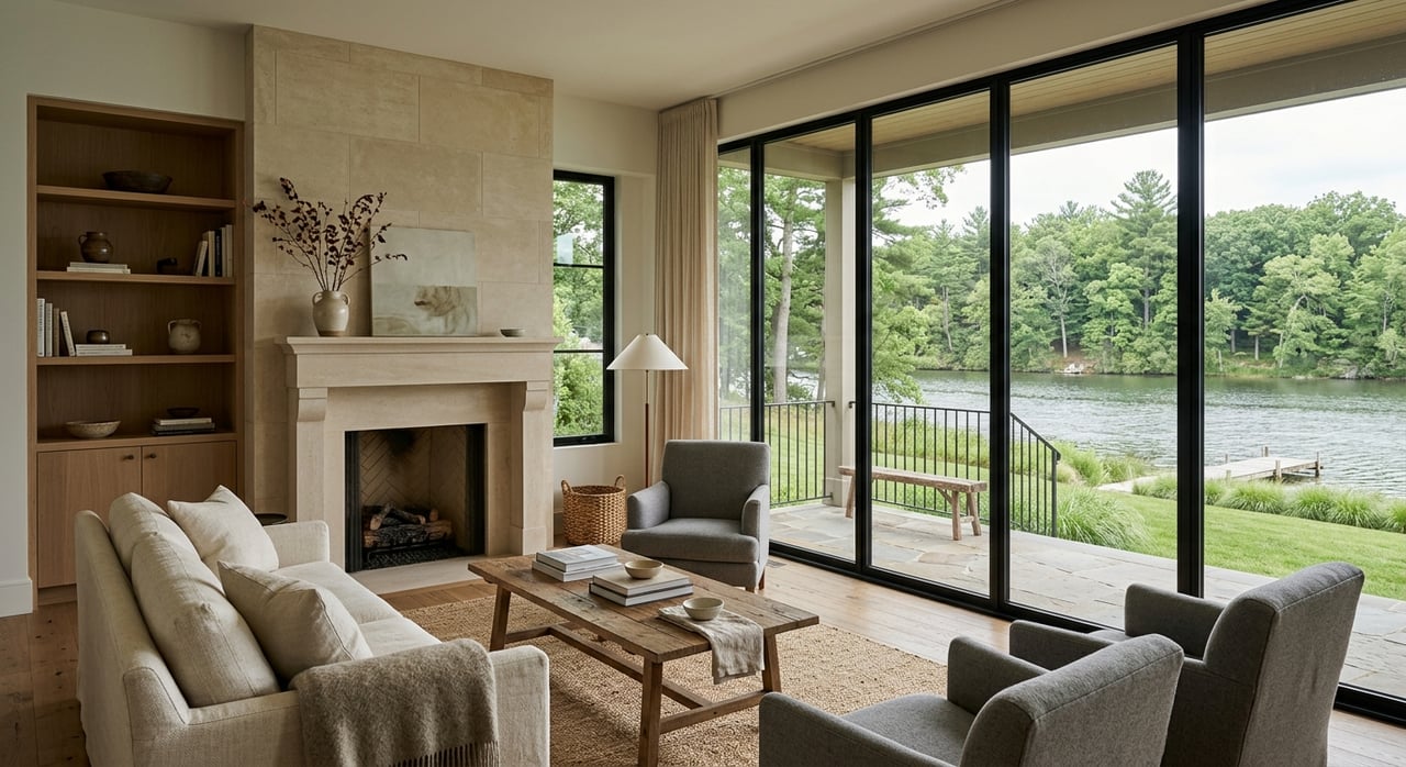 Limestone fireplace and ivory sofa beside windows overlooking a terrace, green lawn, and water.