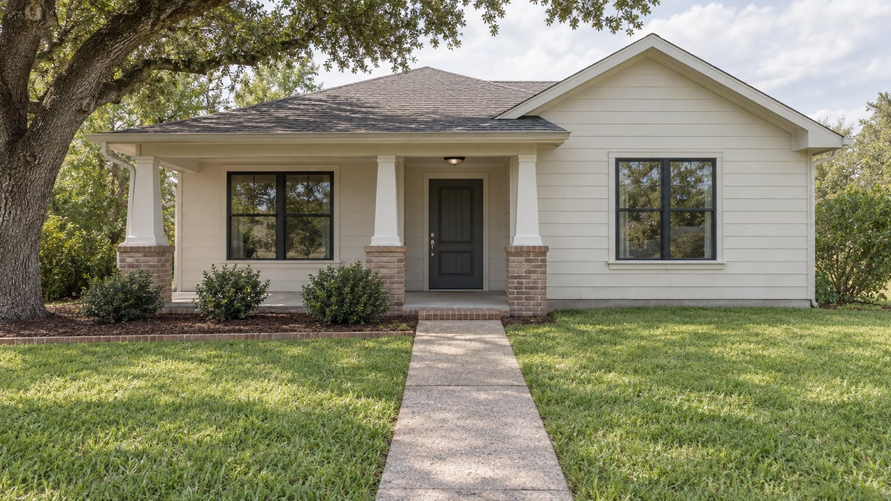 Single-story off-white home with a shallow porch, concrete walkway, front lawn, and live oak at left.