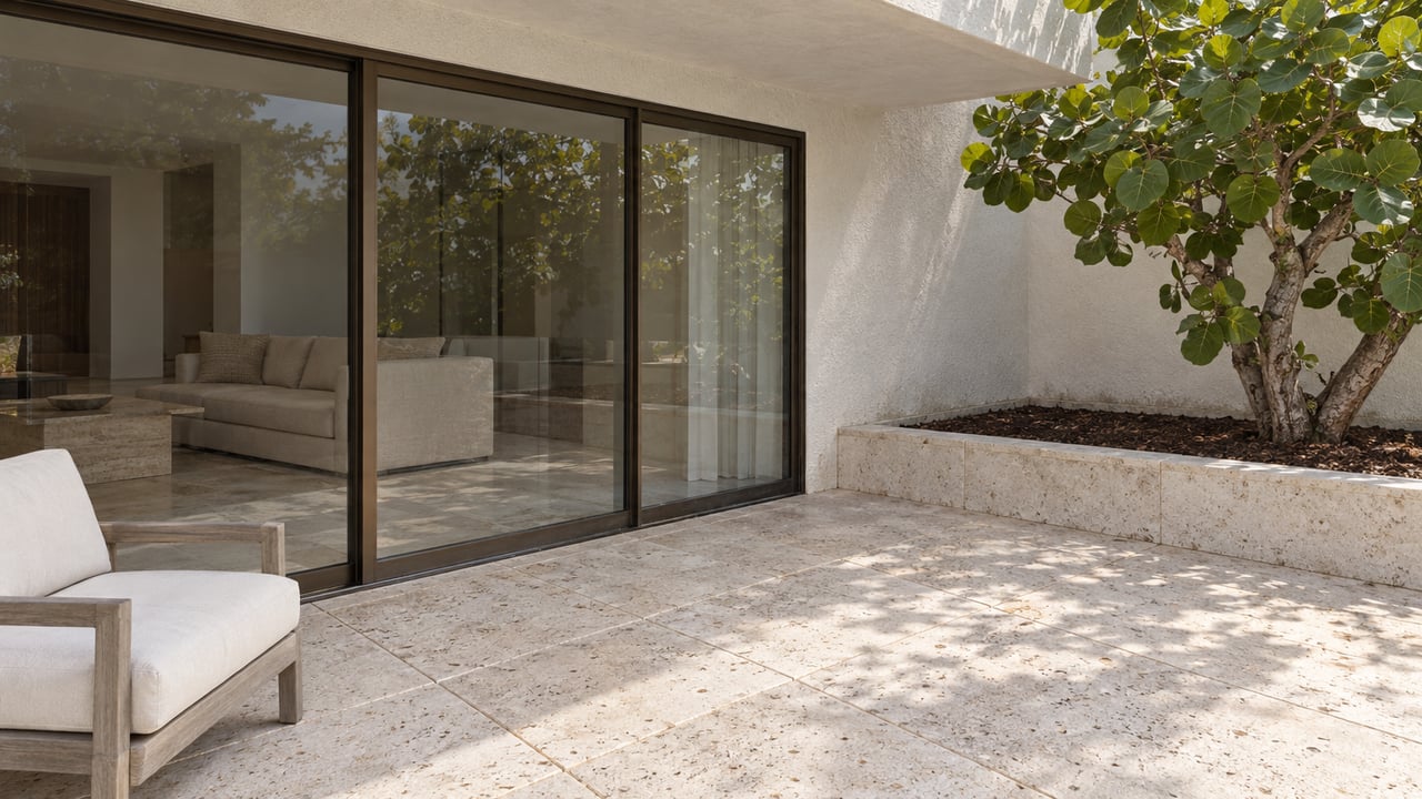 Sunlit shellstone terrace with a teak lounge chair, bronze-framed sliding glass doors and a sea grape tree in a raised stone bed.