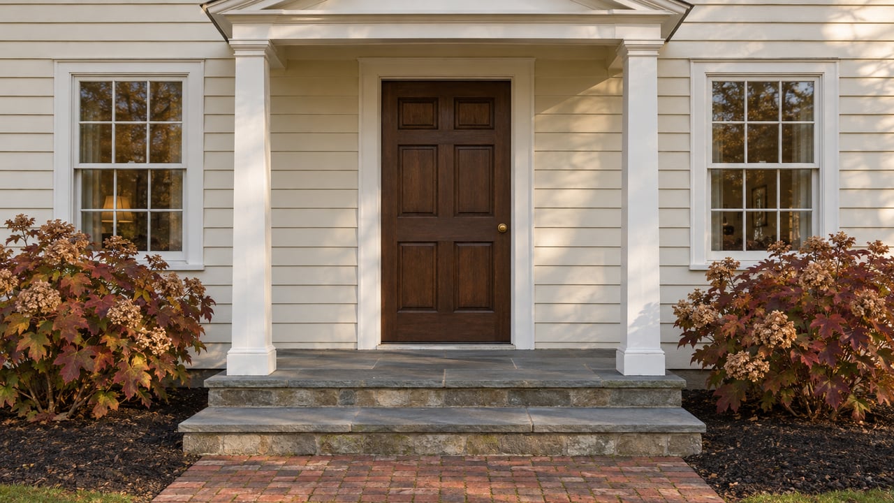 Cream clapboard home entry with an oak door, white porch posts, bluestone steps and autumn oakleaf hydrangeas.