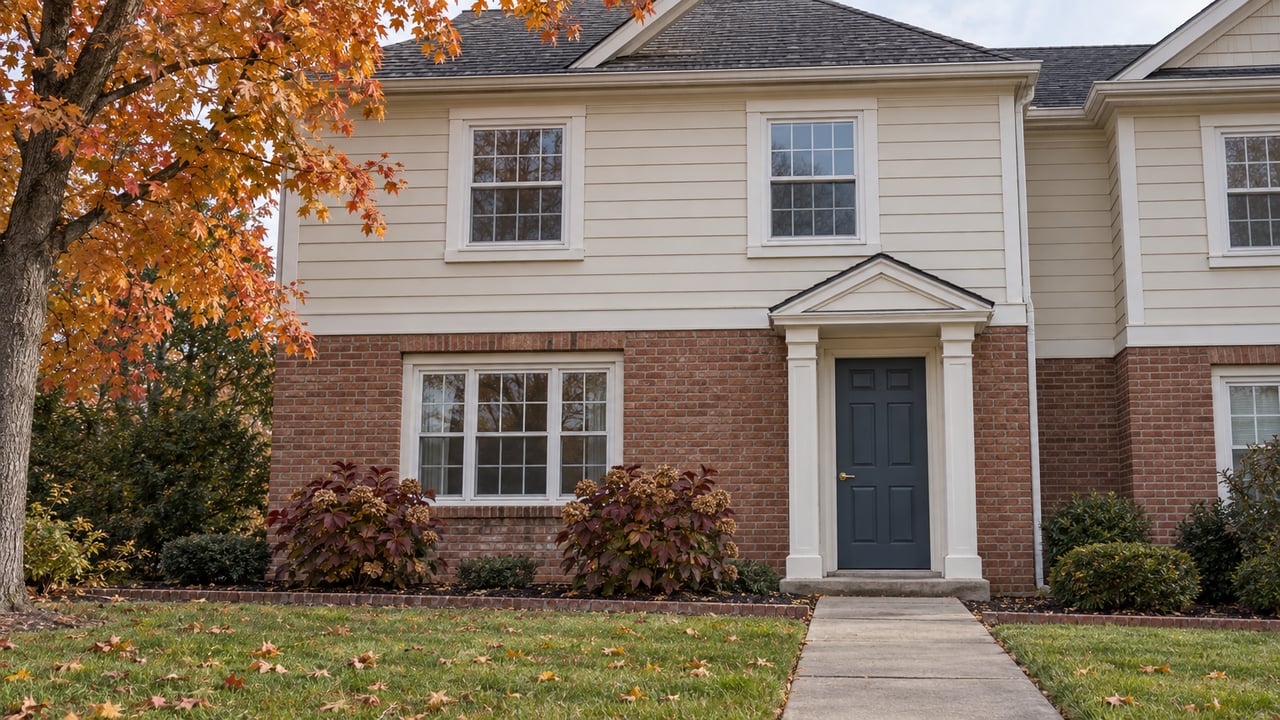 An attached two-story home with ivory siding, red brick, a blue-gray entry door, and autumn planting beside a concrete approach.
