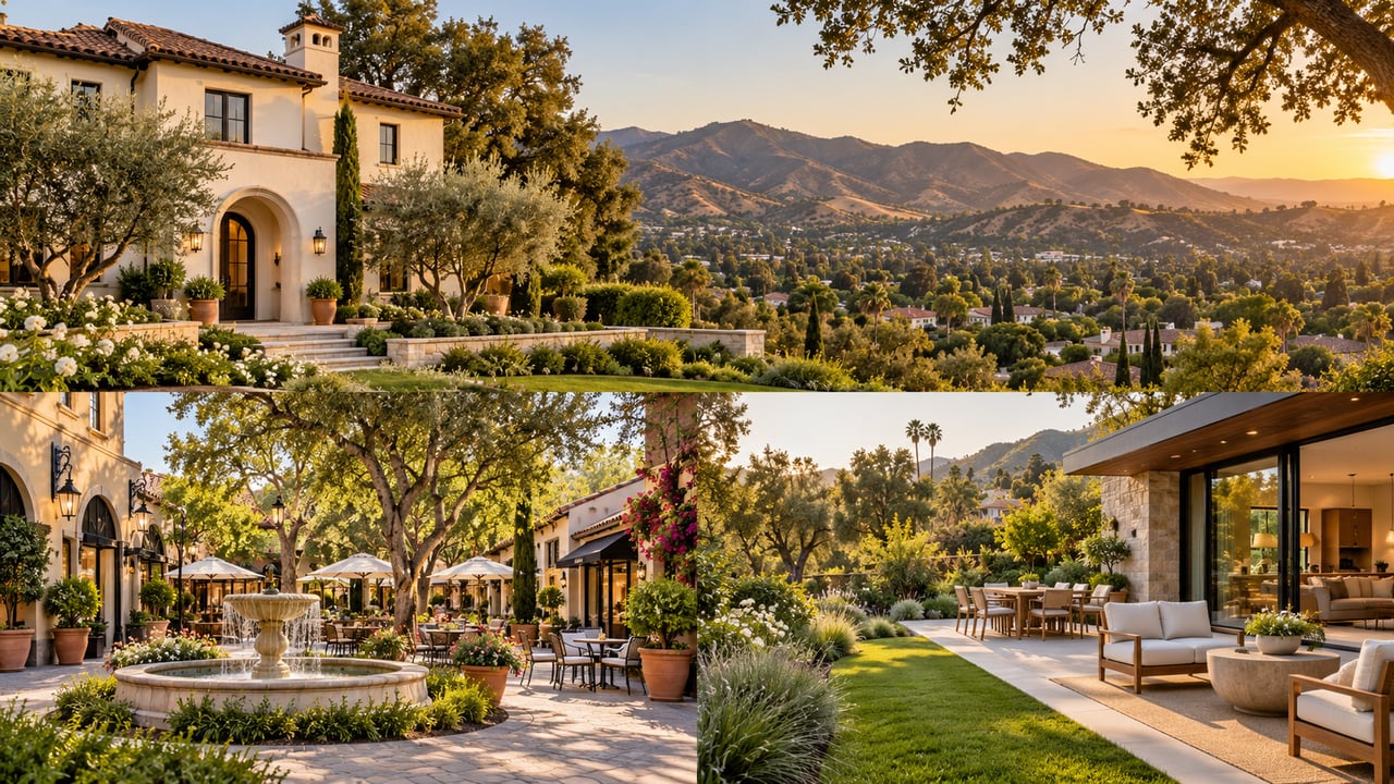Illustrative collage of West Valley homes, a shopping courtyard and outdoor living at golden hour.