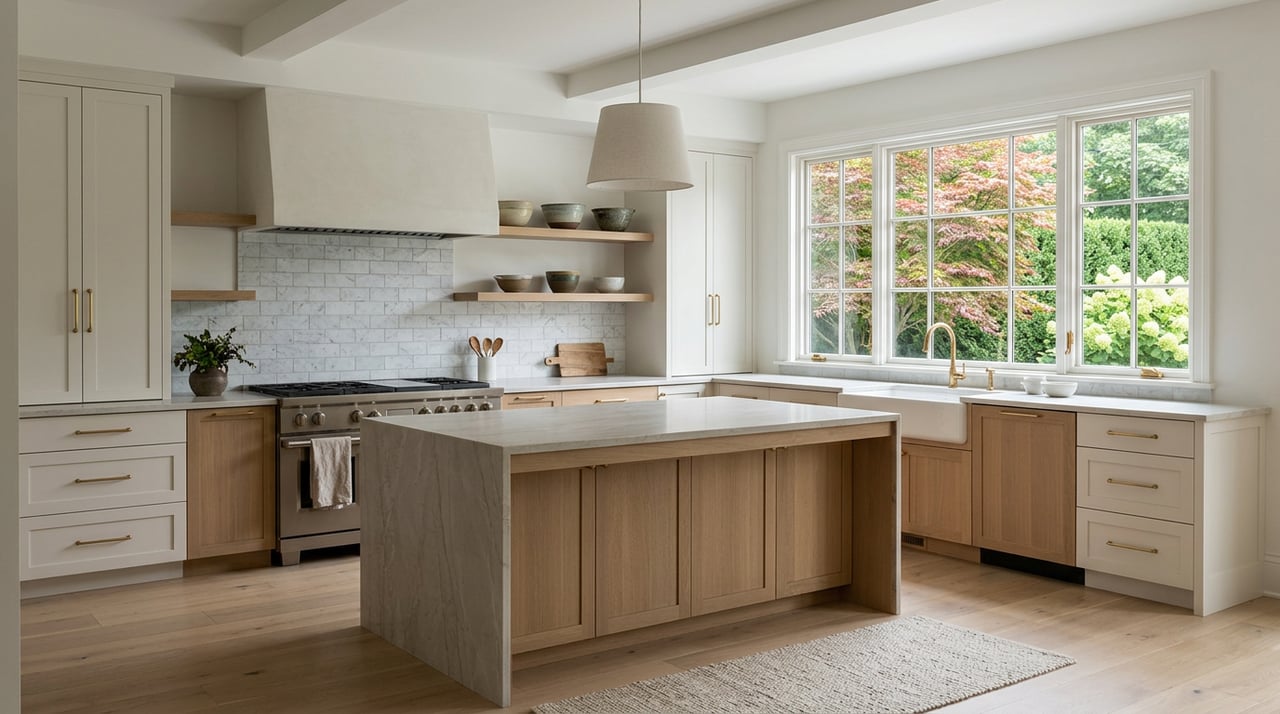 Kitchen with a white oak island, brass cabinet pulls, and a multi-pane window overlooking a red-green Japanese maple.