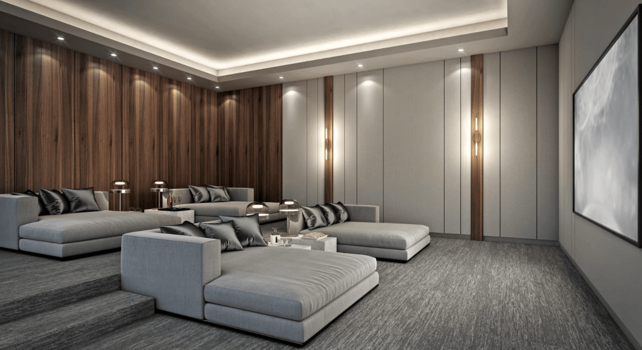 Plush couches & sleek coffee tables face a big TV in a modern home theater