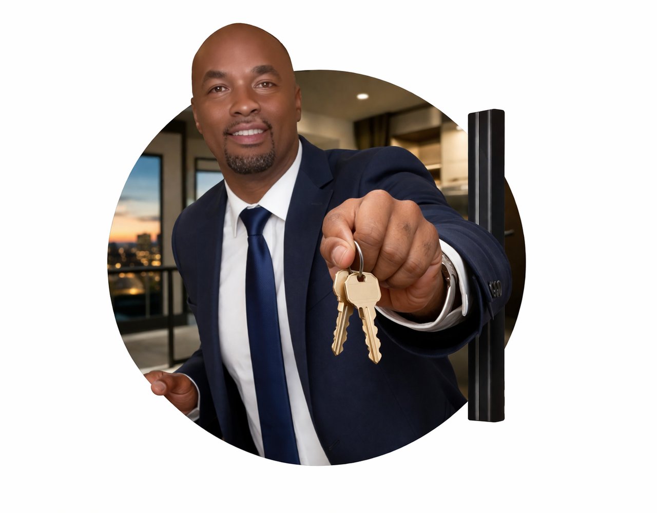 Kenny Boykin in a navy suit holds out a set of keys at an open doorway.