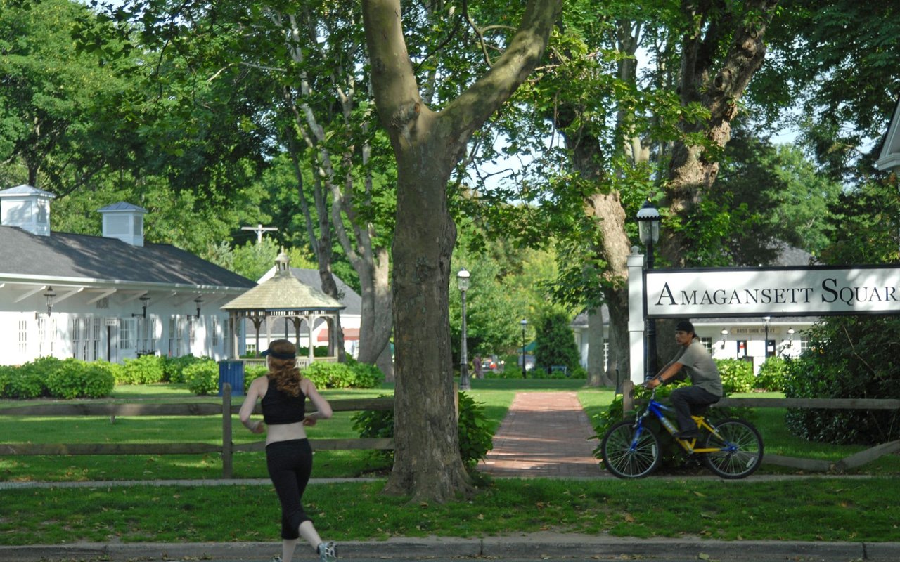 Scenic view of Amagansett Square Park featuring trees and park facilities.