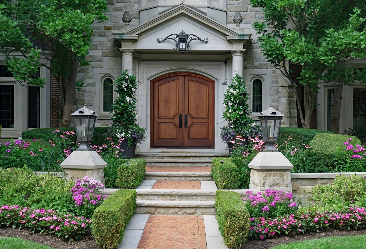 A grand stone-faced entrance to a house, featuring a pair of large wooden double doors beneath a portico with white columns and an ornate light fixture.