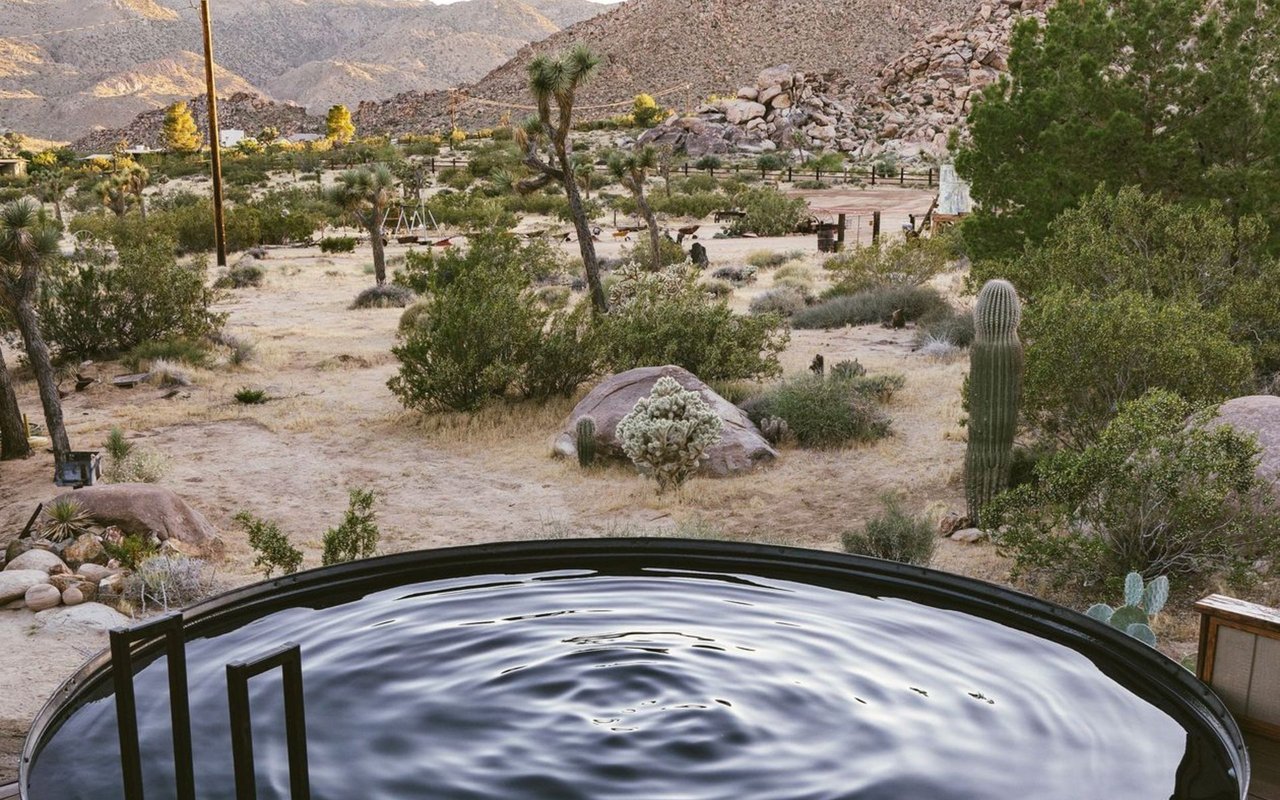 Stock tank pool in a desert yard with cacti, boulders, and rocky mountains.