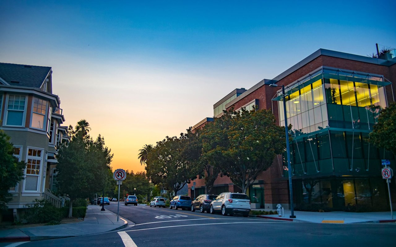 Mountain View, California street and commercial buildings at dusk