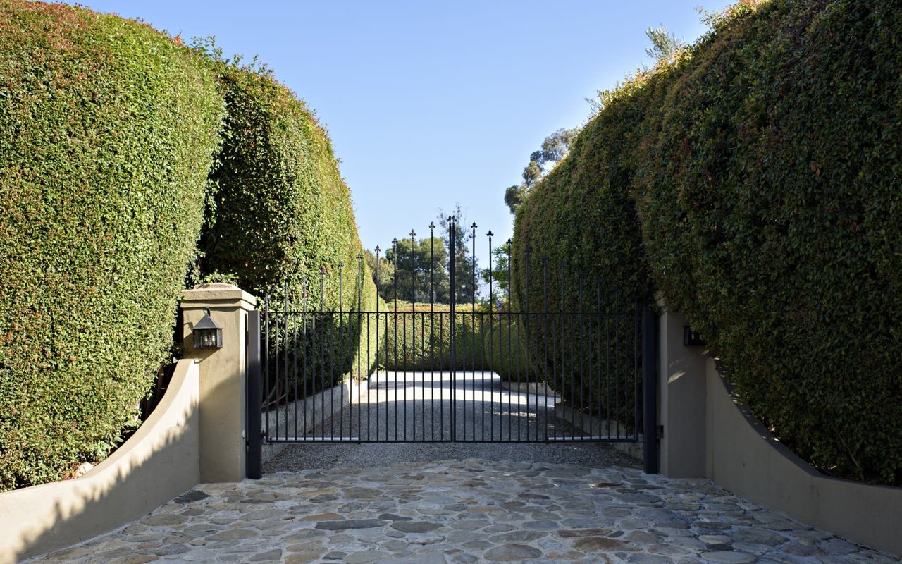 A wrought iron gate with a curved top leading into a driveway. The driveway is lined with tall green hedges.