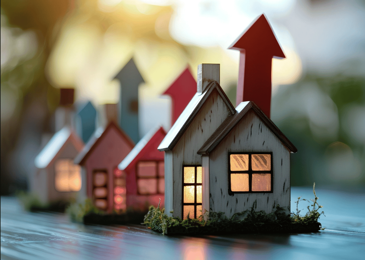 Miniature wooden houses with glowing windows beneath large upward-pointing arrows.