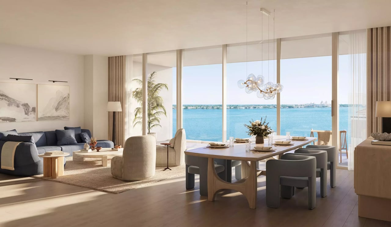 Shorecrest West Palm Beach Living Room overlooking the blue intracoastal and ocean views from the great room combining the living space and dining