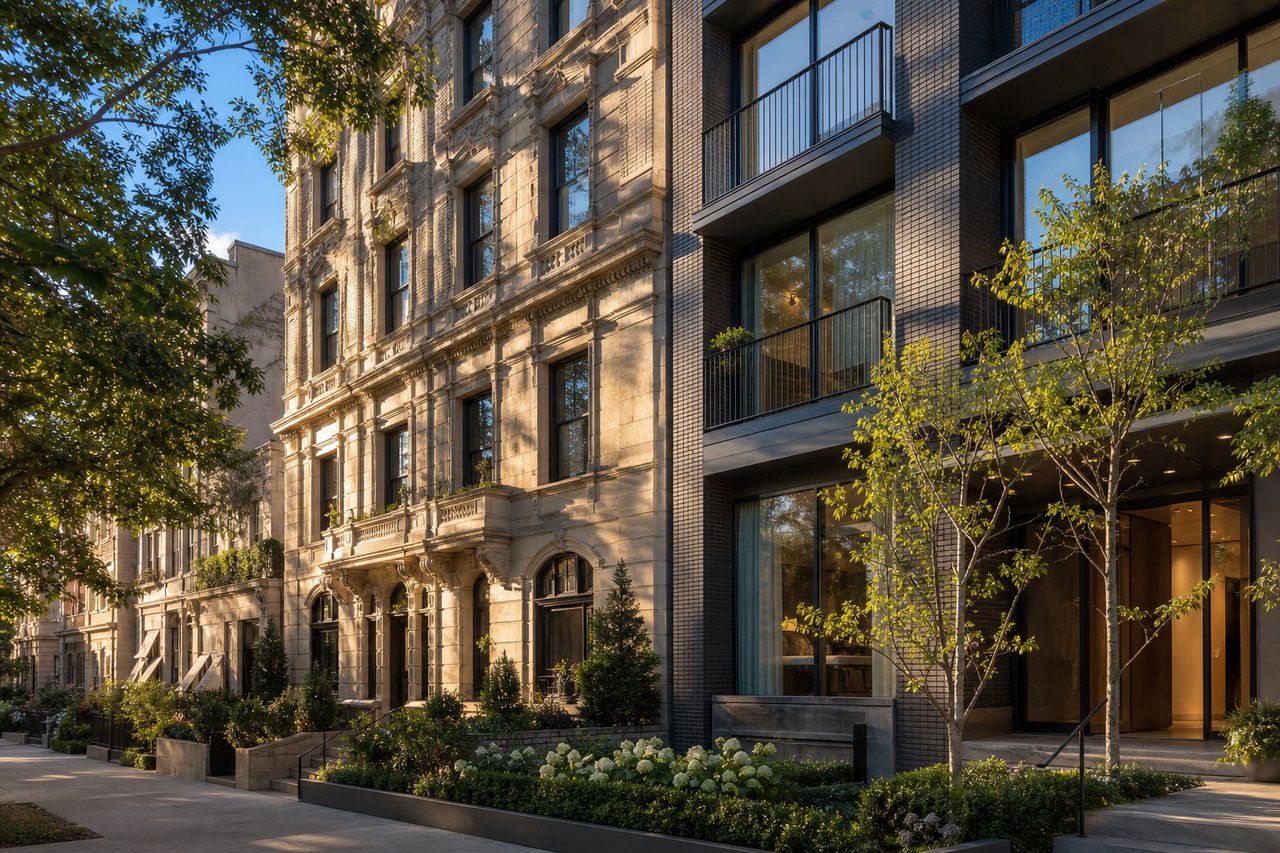 Ornate stone apartment building beside a modern brick building with balconies and landscaped street frontage.