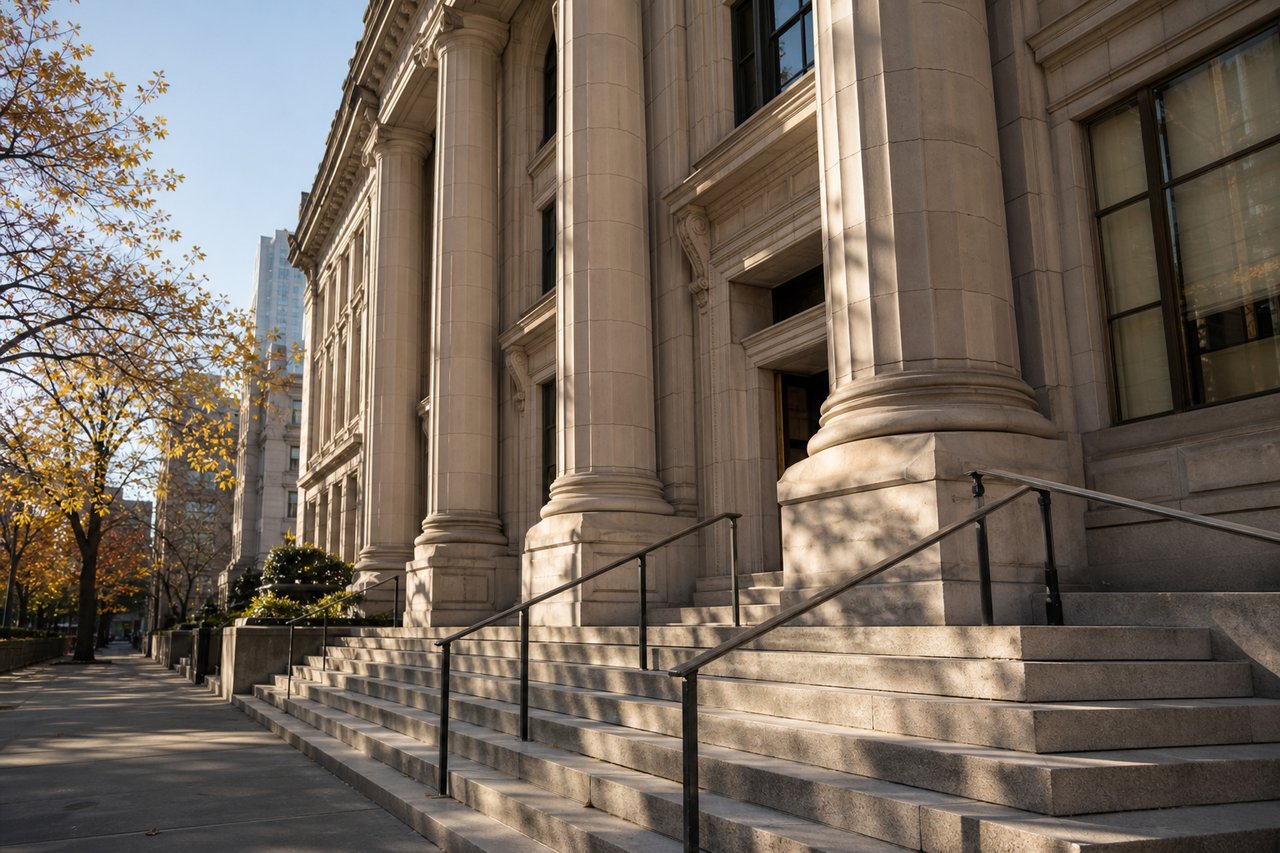 Stone building with tall columns and broad entrance steps beside an autumn tree.