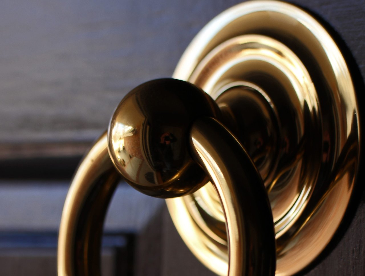 Close-up photo of a gold door knocker shaped like a lion's head, mounted on a black wooden door