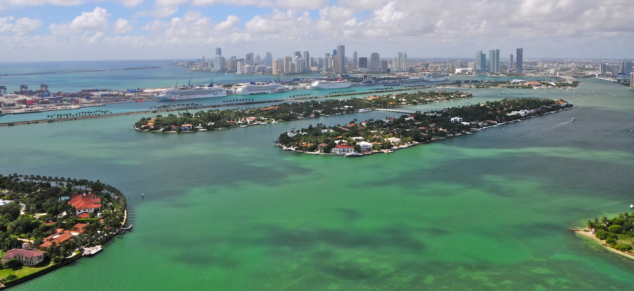 Aerial view of Palm Island, Miami Beach that has tall buildings, houses, with boats and ships docked in the water