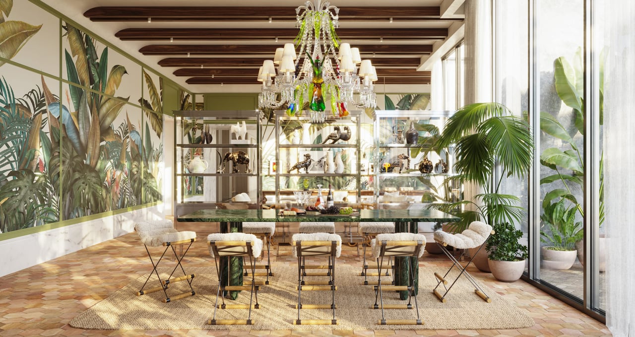 Elegant dining room with a long table, crystal chandelier, tropical murals, and floor-to-ceiling windows.