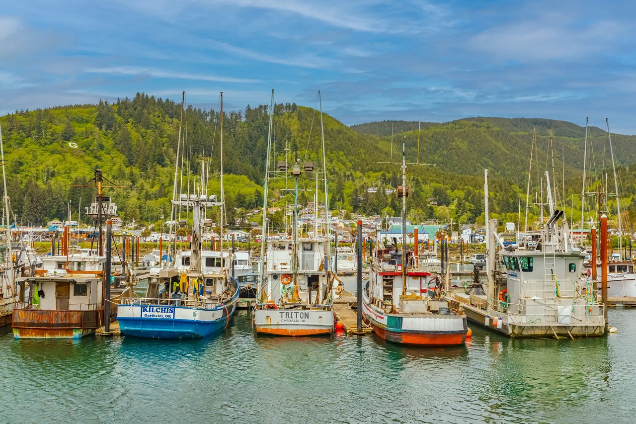 Garibaldi Oregon fishing fleet with homes in the background