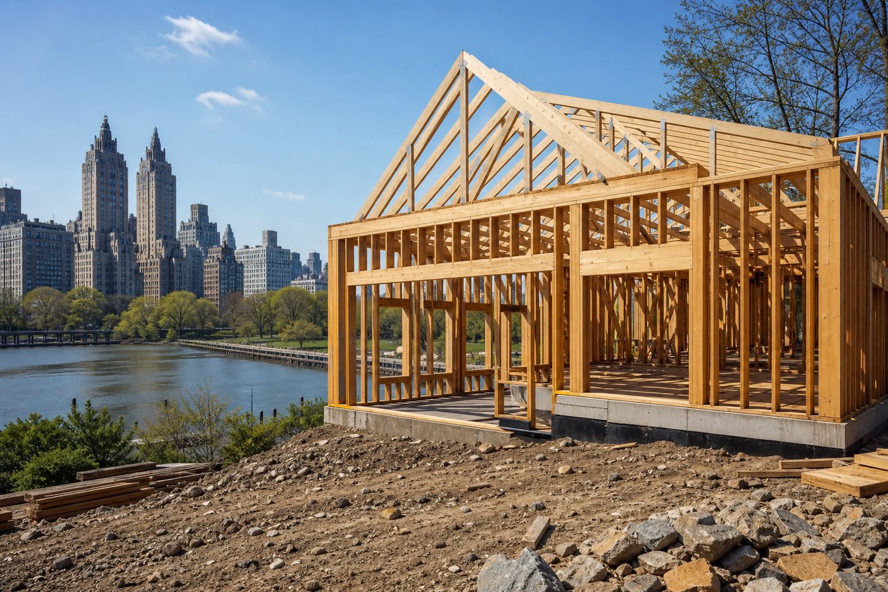 Timber building frame under construction beside the water, with a city skyline beyond.