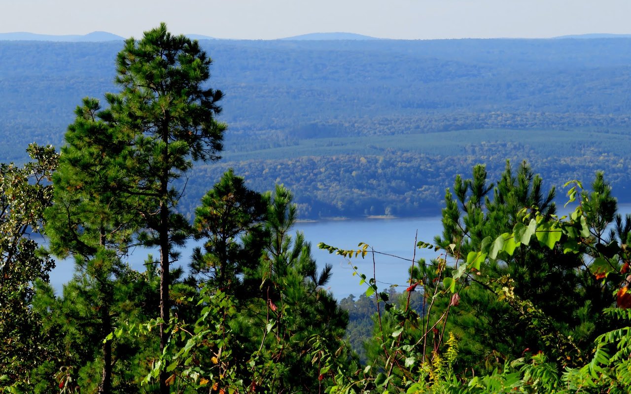 A vast landscape features a calm blue lake in the midground, surrounded by dense forests.