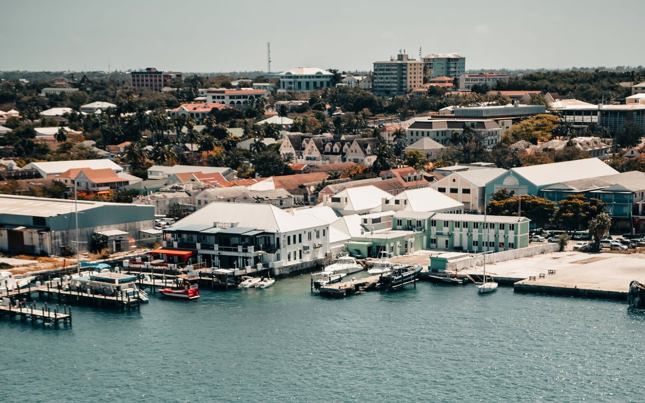  An elevated view captures a bustling coastal town or city, featuring a mix of residential and commercial buildings nestled amongst abundant green trees.