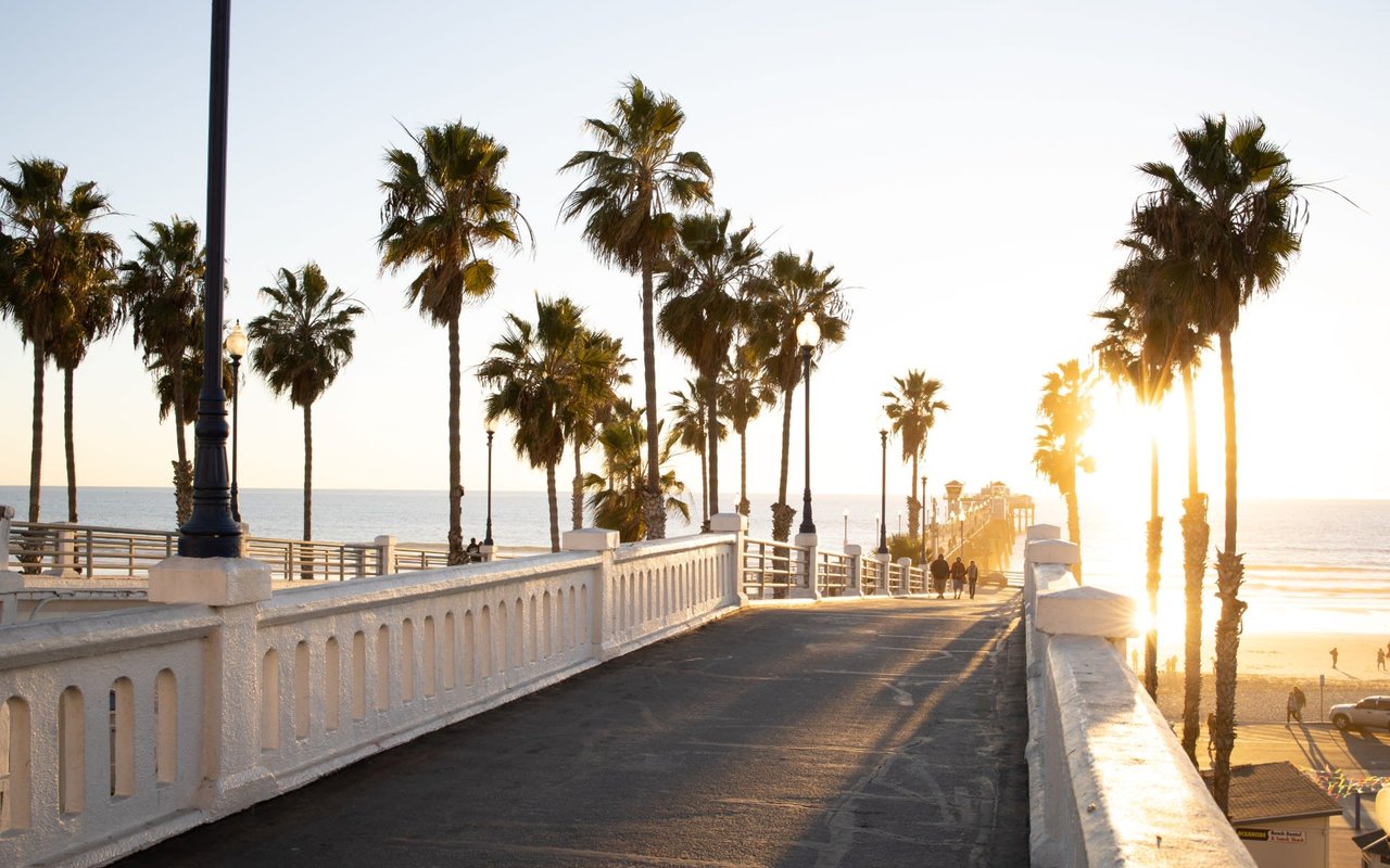 A pier extending into a calm blue ocean. Palm trees line the shore, and white clouds dot the sky