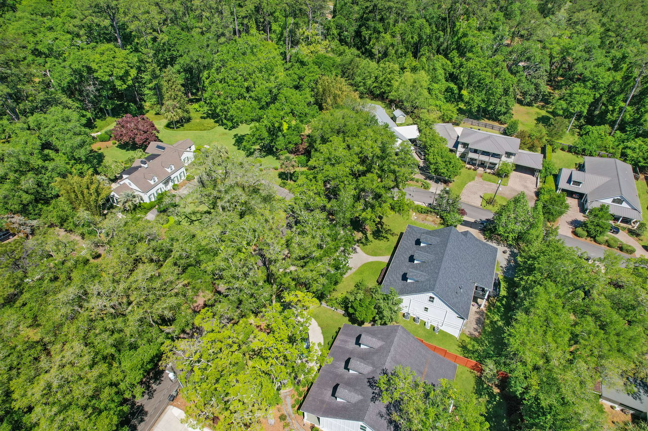 An aerial view of a different part of the Glendale neighborhood, showcasing houses and dense greenery.