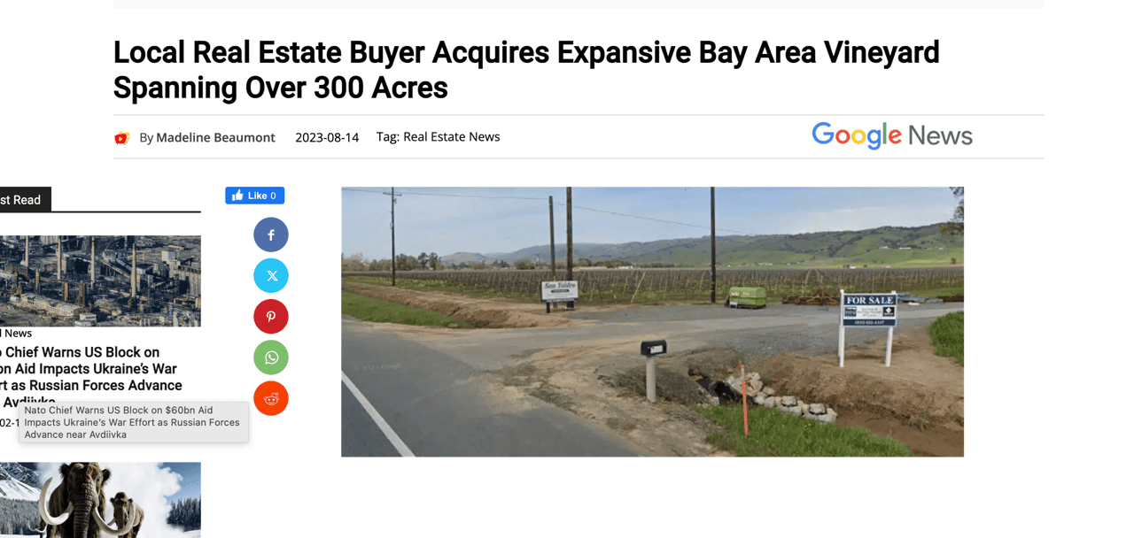Local Real Estate Buyer Acquires Expansive Bay Area Vineyard Spanning Over 300 Acres