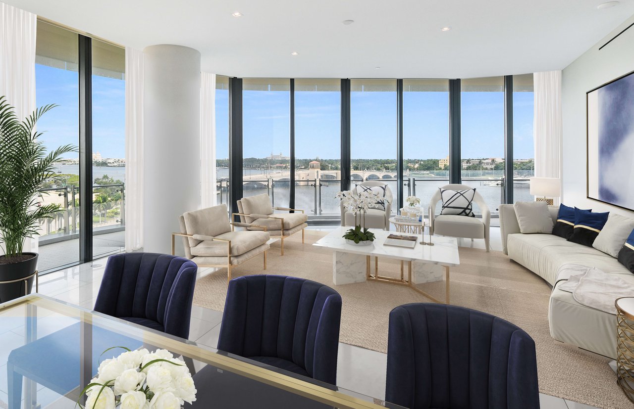 Luxury modern living room overlooking intracoastal from The Bristol Palm Beach