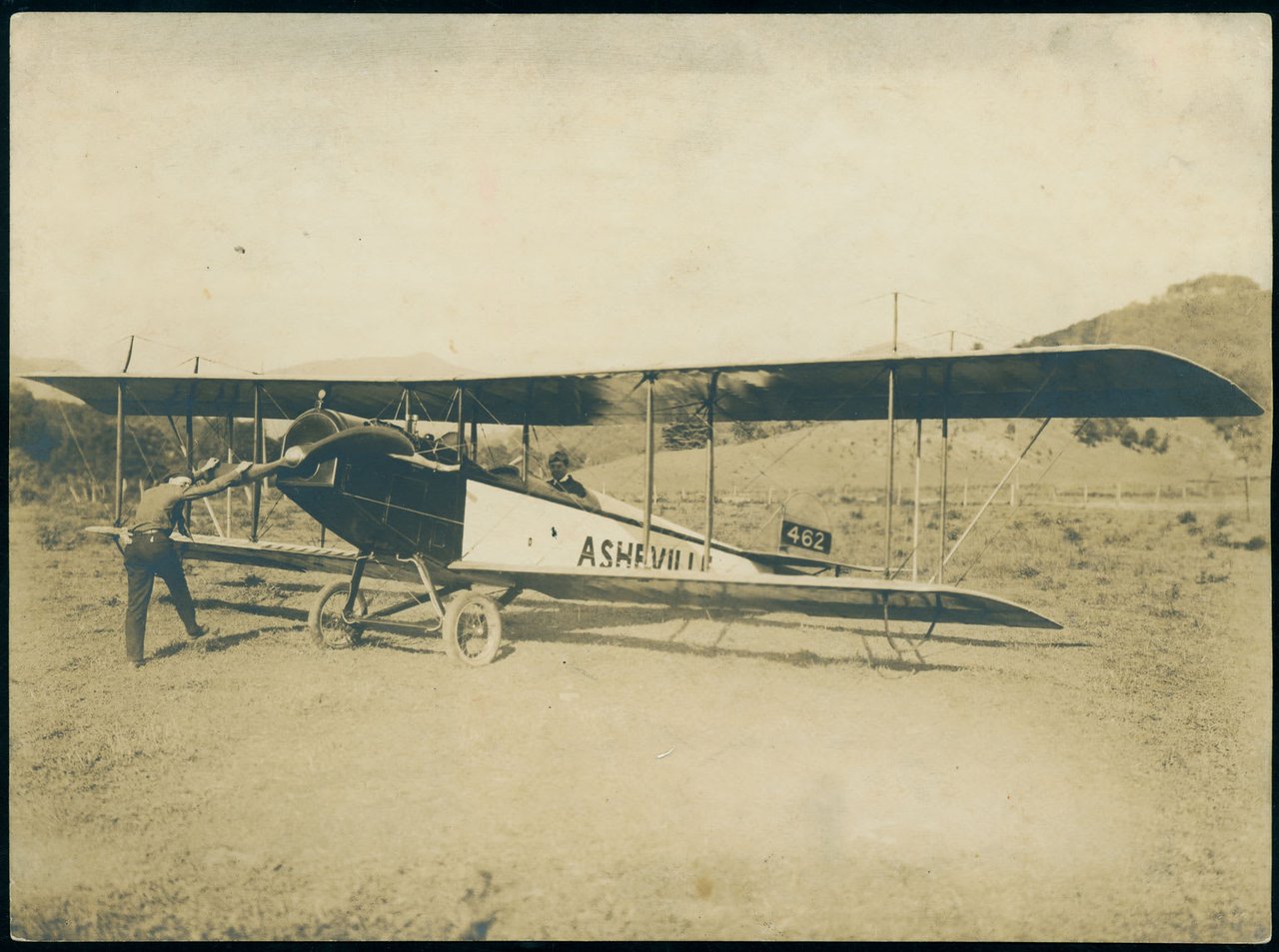 This photo, dated, June 19, 1919, is of Henry Westall preparing to take off from Baird’s Bottom in his plane the Asheville.